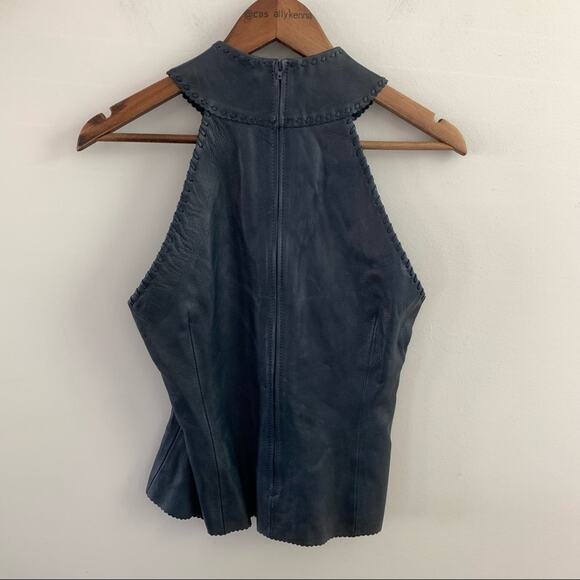 Gossamer Wings Navy Blue Vintage Leather Jacket Tank 2 Set Beaded Navajo Fringe - Picture 8 of 15